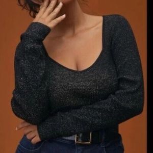 Anthropologie Black/Gold Knit Sweetheart Neckline Sweater Top